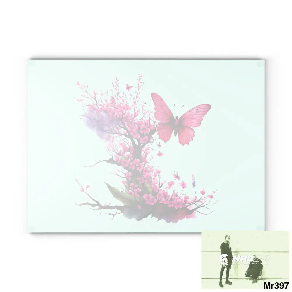 Pink Butterfly on Ornemental cherry tree branch Cutting Board Home Decor