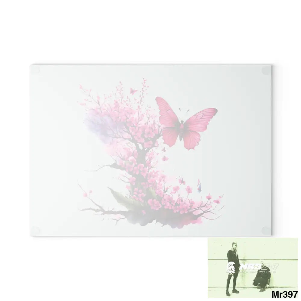 Pink Butterfly on Ornemental cherry tree branch Cutting Board Home Decor