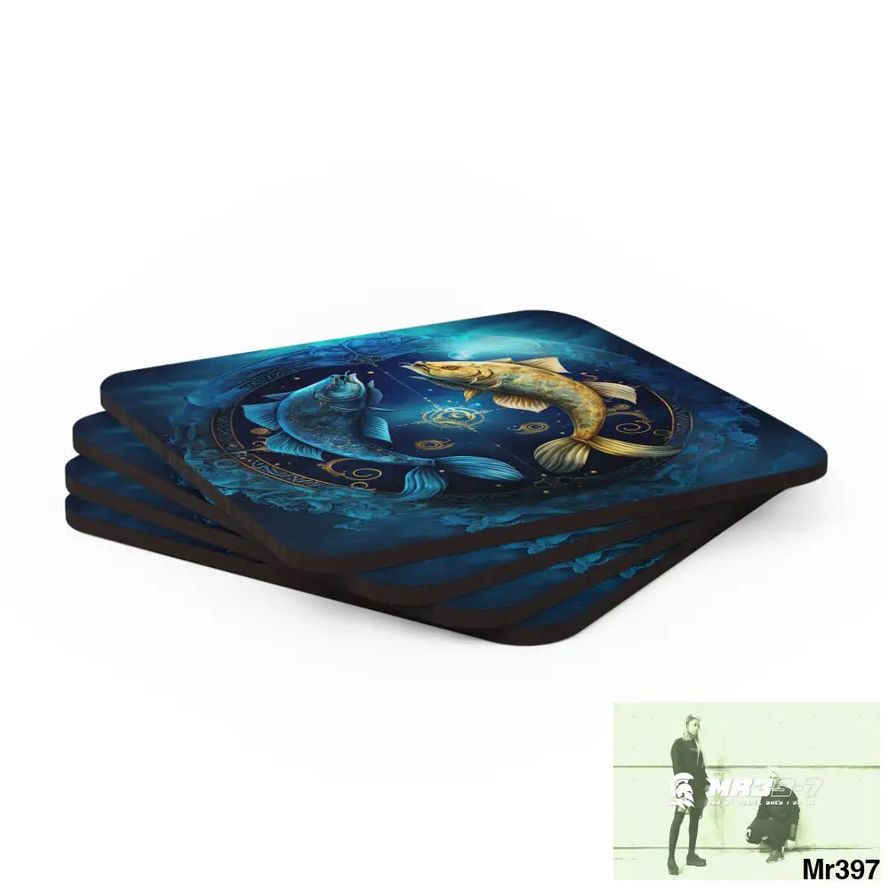 Pisces Zodiac Coaster Set Cork / 3.75’’ × 3.75’’ / Square Home Decor