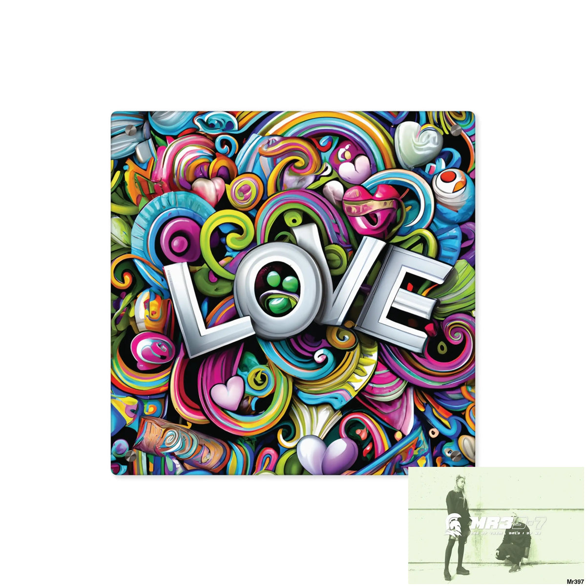 Rainbow LOVE Graphic Stained Glass Doodle Art Acrylic Wall Art Panels 16″ x 16″ (Square) / 0.25’’ Home Decor