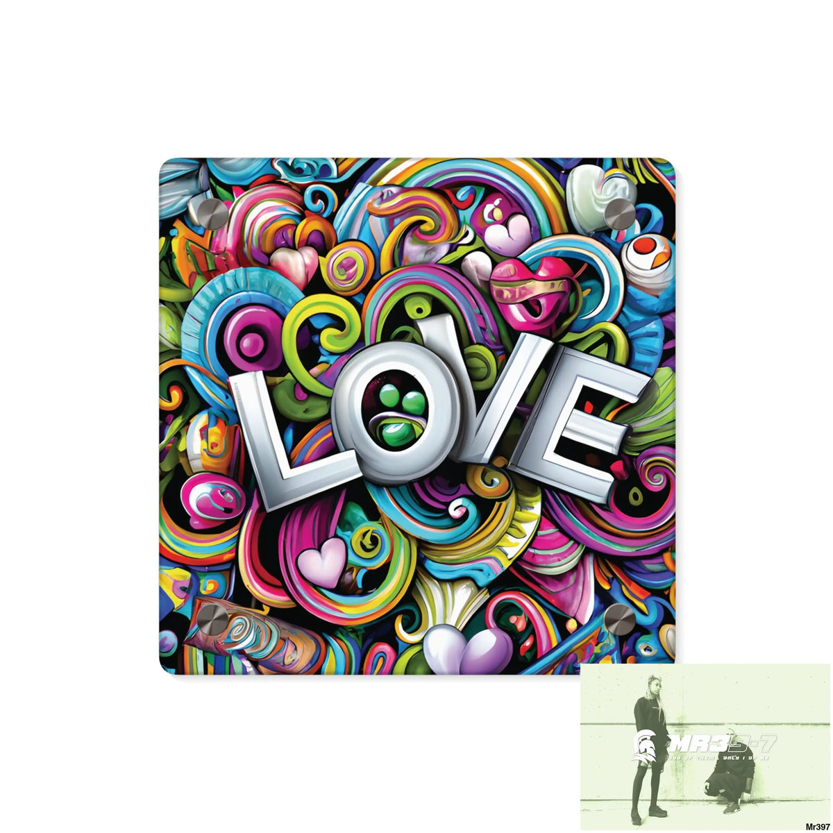 Rainbow LOVE Graphic Stained Glass Doodle Art Acrylic Wall Art Panels 8’’ x 8’’ (Square) / 0.25’’ Home Decor
