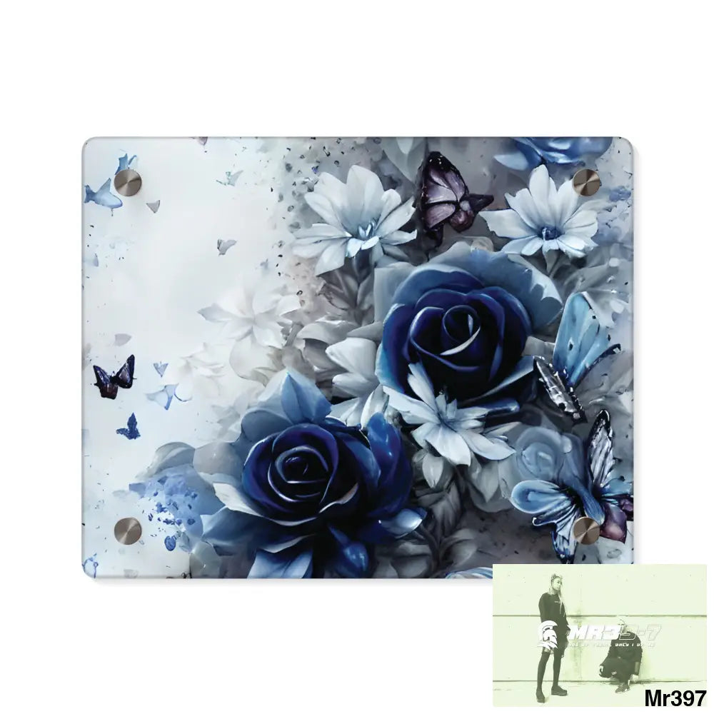 Raymond Swanland Floral Pattern in Navy Blue and Pale White Acrylic Wall Art Panels 10″ x 8″ (Horizontal) / 0.25’’ Home