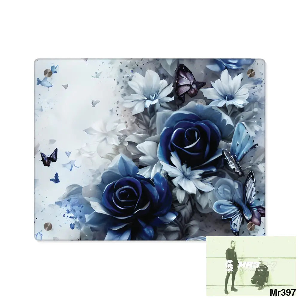 Raymond Swanland Floral Pattern in Navy Blue and Pale White Acrylic Wall Art Panels 14″ x 11″ (Horizontal) / 0.25’’