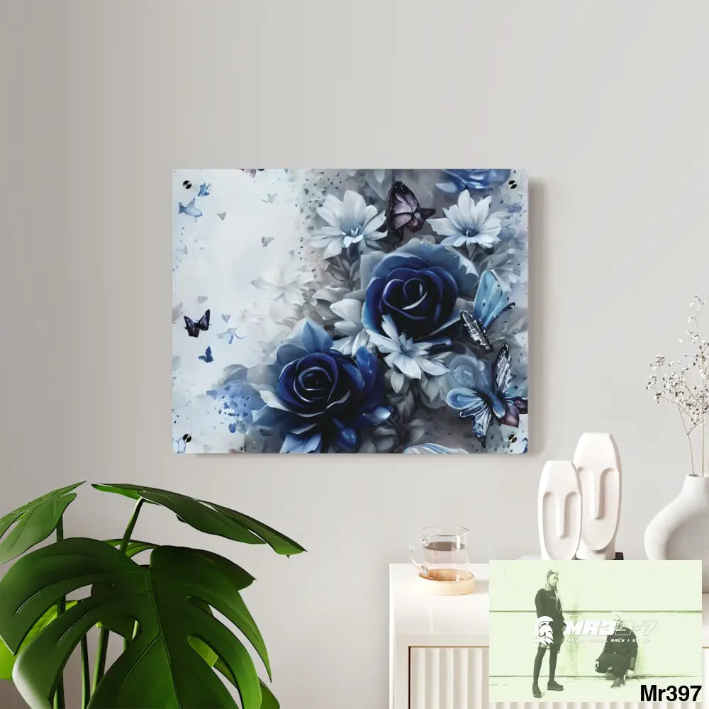 Raymond Swanland Floral Pattern in Navy Blue and Pale White Acrylic Wall Art Panels Home Decor