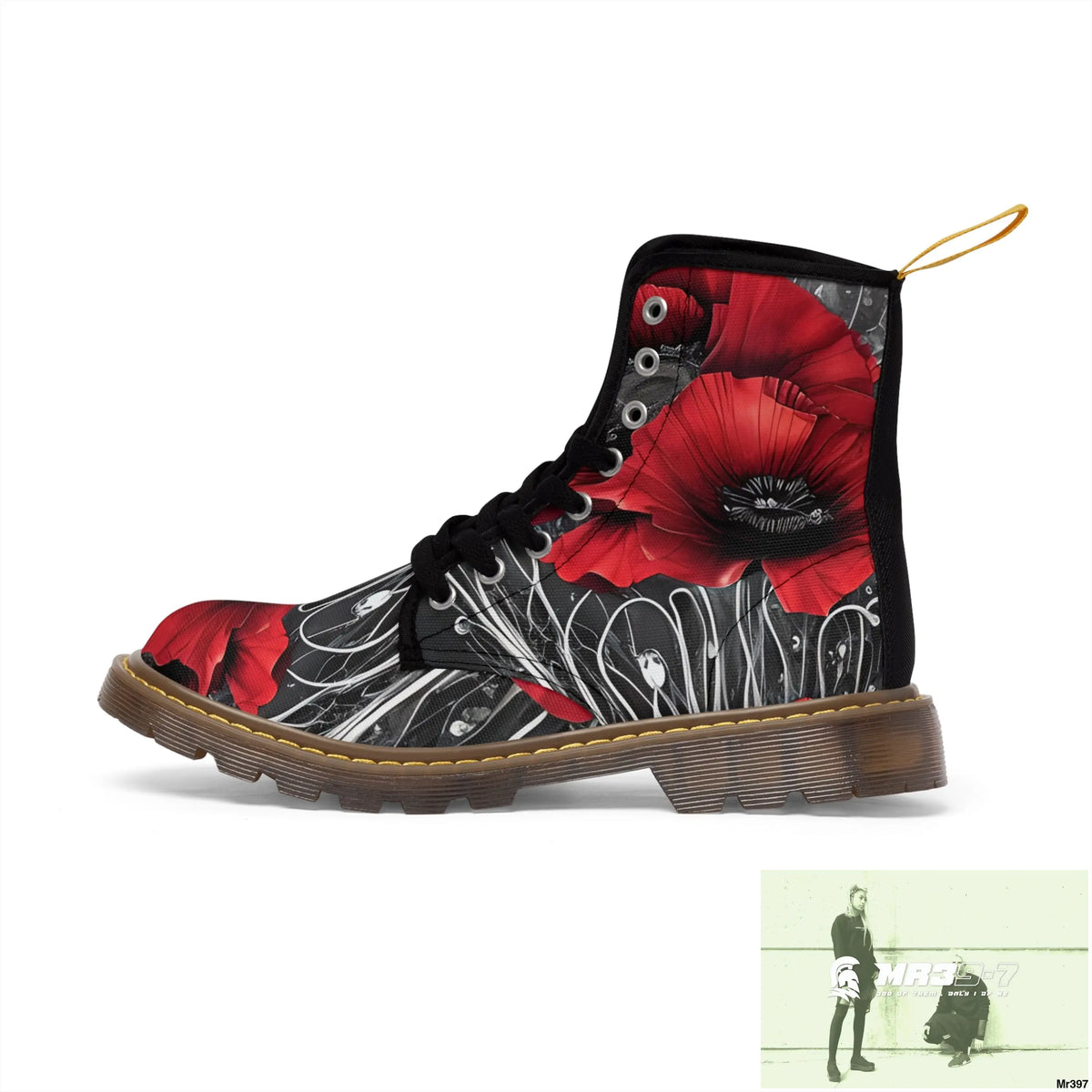 Red Chrome Black Ink Flow 3D Poppies Canvas Boots AOP Shoes