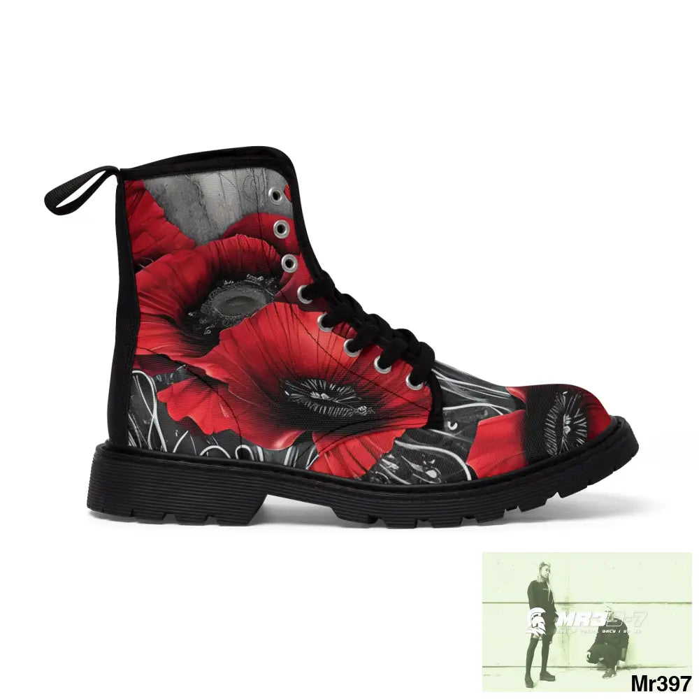 Red Chrome Black Ink Flow 3D Poppies Canvas Boots AOP Shoes
