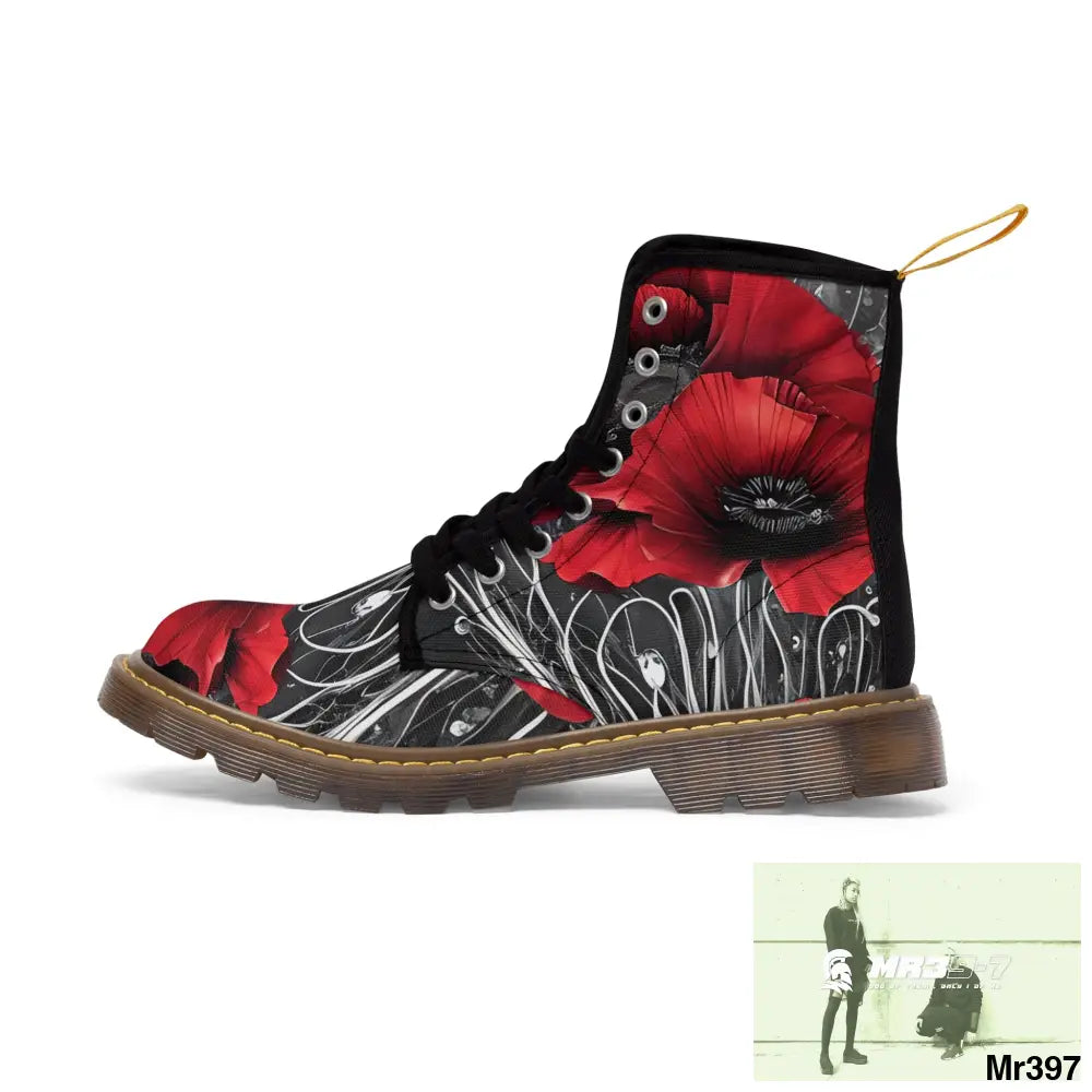 Red Chrome Black Ink Flow 3D Poppies Canvas Boots AOP Shoes