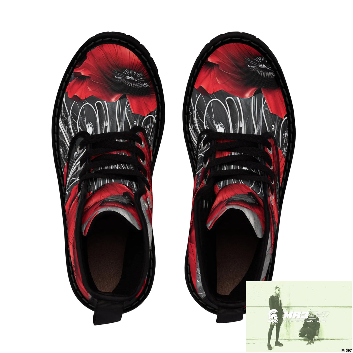 Red Chrome Black Ink Flow 3D Poppies Canvas Boots AOP Shoes