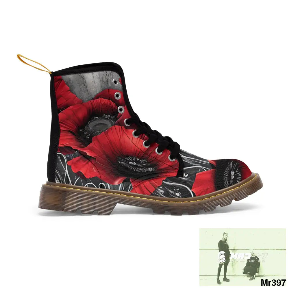 Red Chrome Black Ink Flow 3D Poppies Canvas Boots AOP Shoes