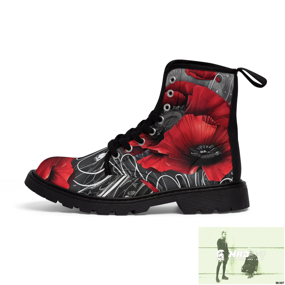 Red Chrome Black Ink Flow 3D Poppies Canvas Boots AOP Shoes