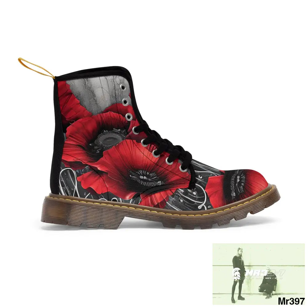 Red Chrome Black Ink Flow 3D Poppies Canvas Boots AOP Shoes