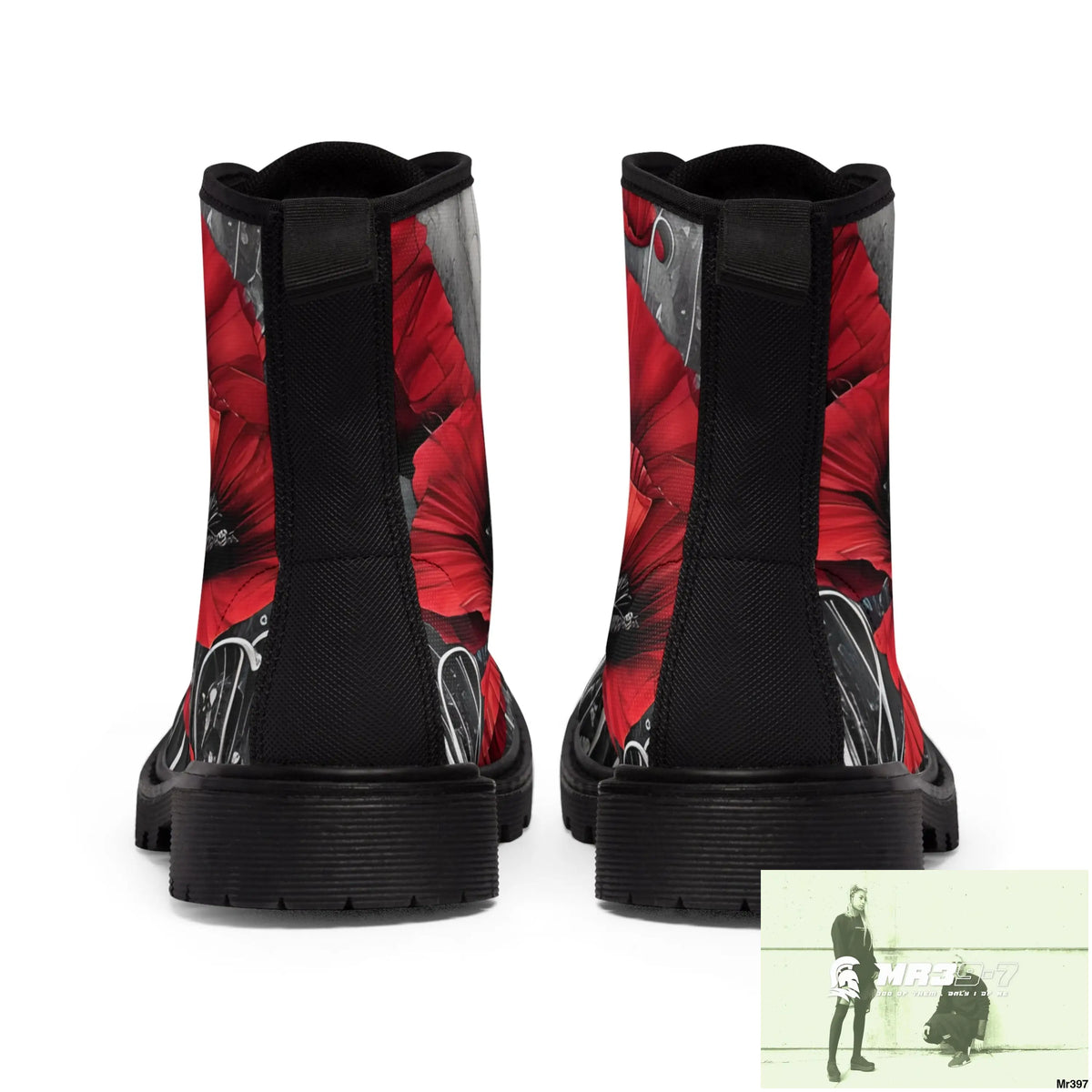 Red Chrome Black Ink Flow 3D Poppies Canvas Boots AOP Shoes
