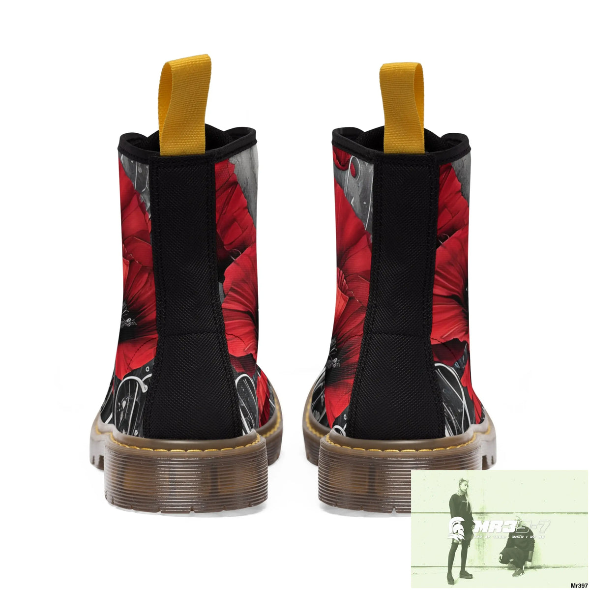 Red Chrome Black Ink Flow 3D Poppies Canvas Boots AOP Shoes