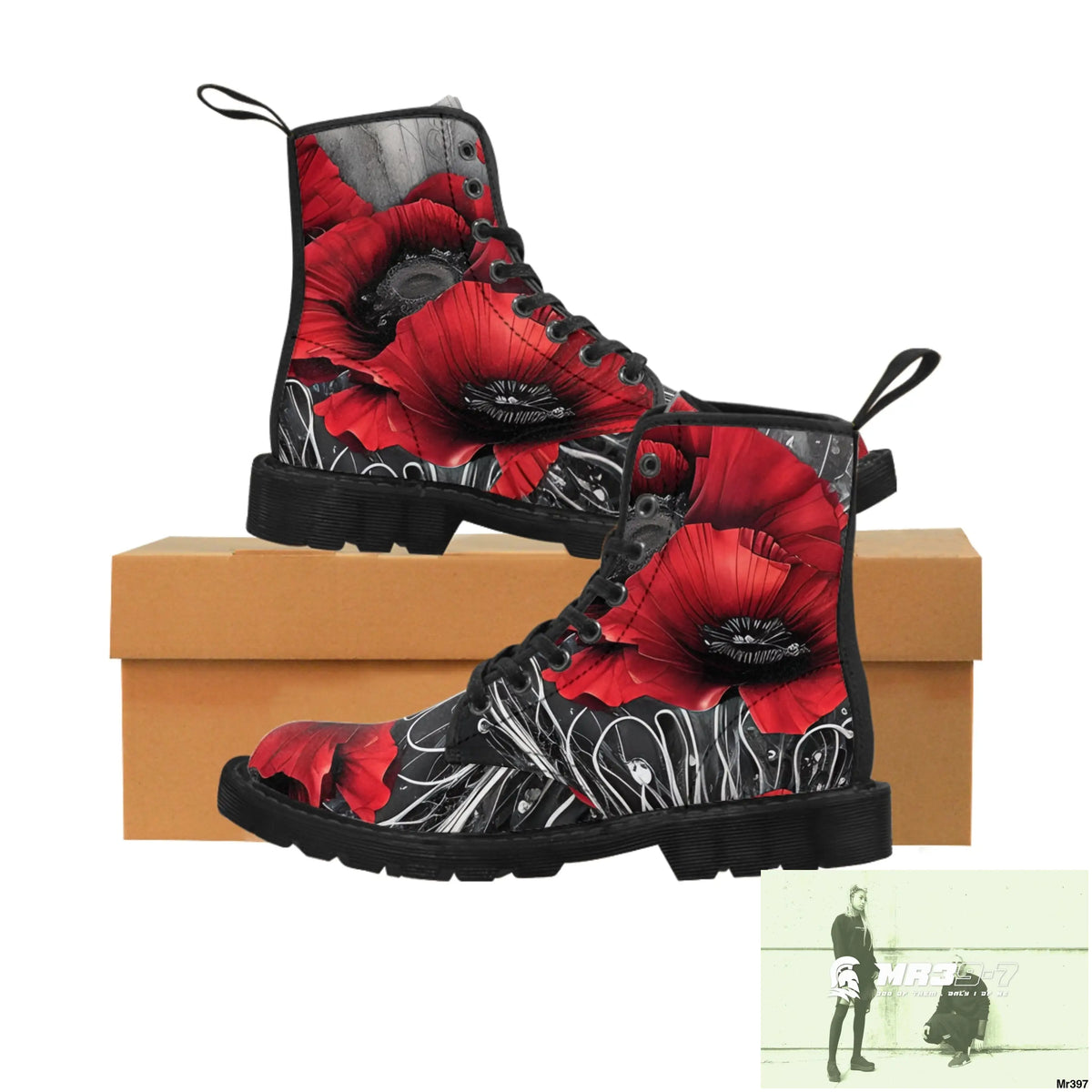 Red Chrome Black Ink Flow 3D Poppies Canvas Boots AOP Shoes