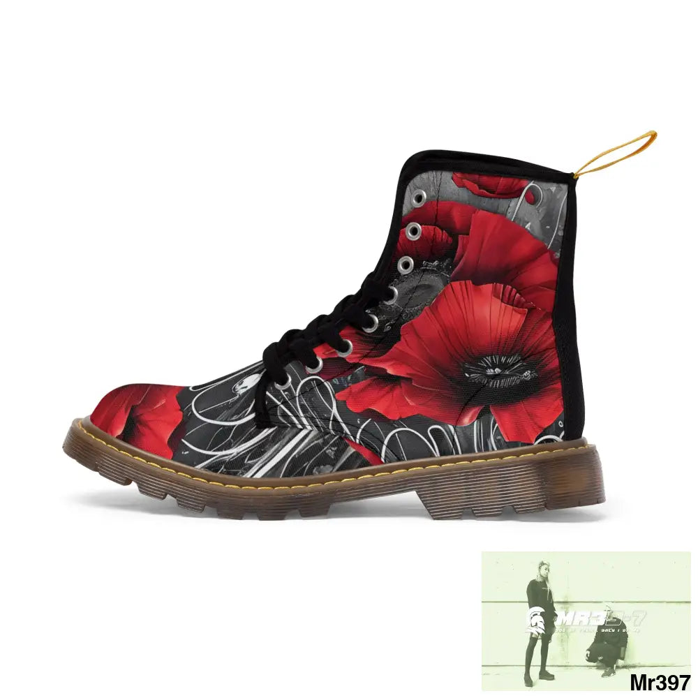 Red Chrome Black Ink Flow 3D Poppies Canvas Boots AOP Shoes