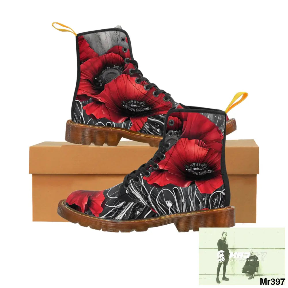 Red Chrome Black Ink Flow 3D Poppies Canvas Boots AOP Shoes