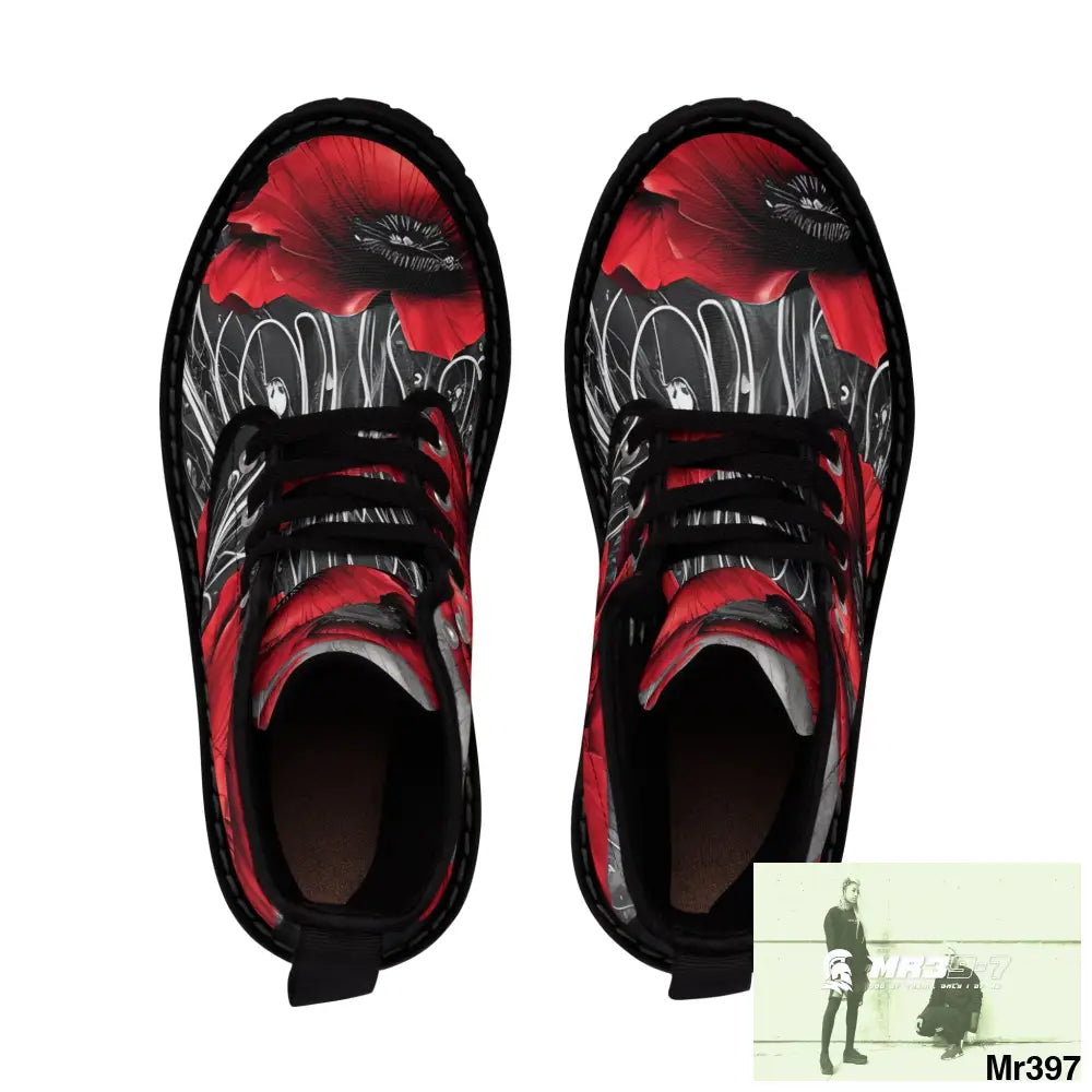 Red Chrome Black Ink Flow 3D Poppies Canvas Boots AOP Shoes