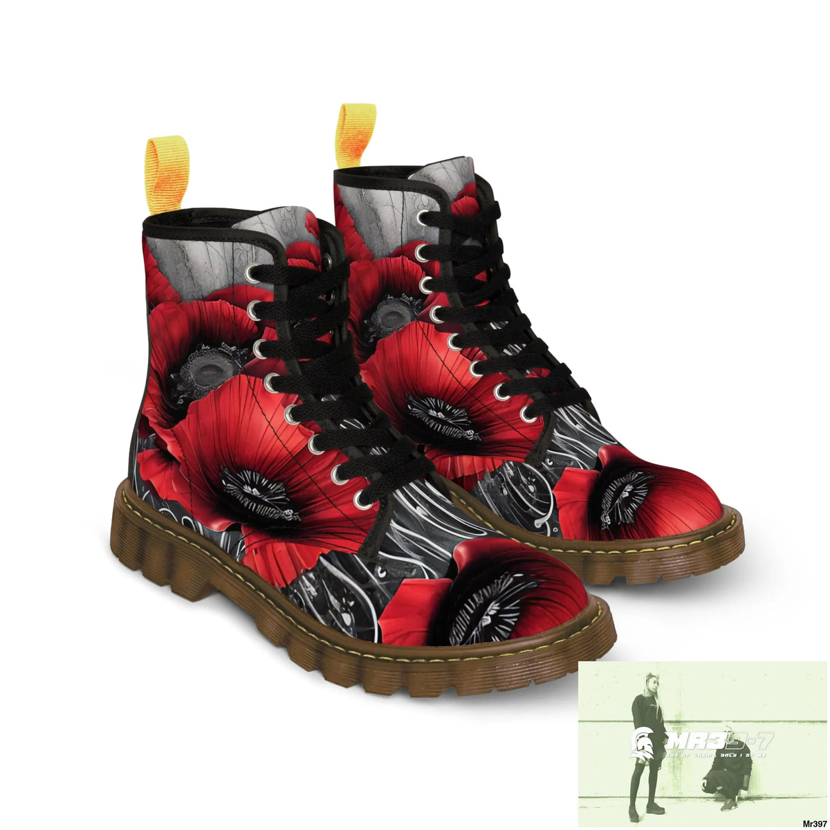 Red Chrome Black Ink Flow 3D Poppies Canvas Boots AOP US 7 / Brown sole Shoes