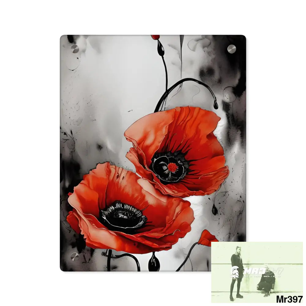 Red Chrome Black Ink Flow Poppies 3D Floral 8k Resolution Acrylic Wall Art Panels 11″ x 14″ (Vertical) / 0.25’’ Home