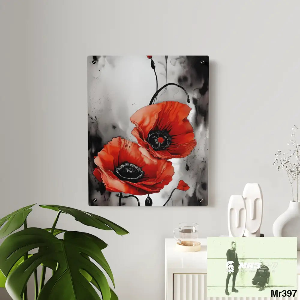 Red Chrome Black Ink Flow Poppies 3D Floral 8k Resolution Acrylic Wall Art Panels Home Decor