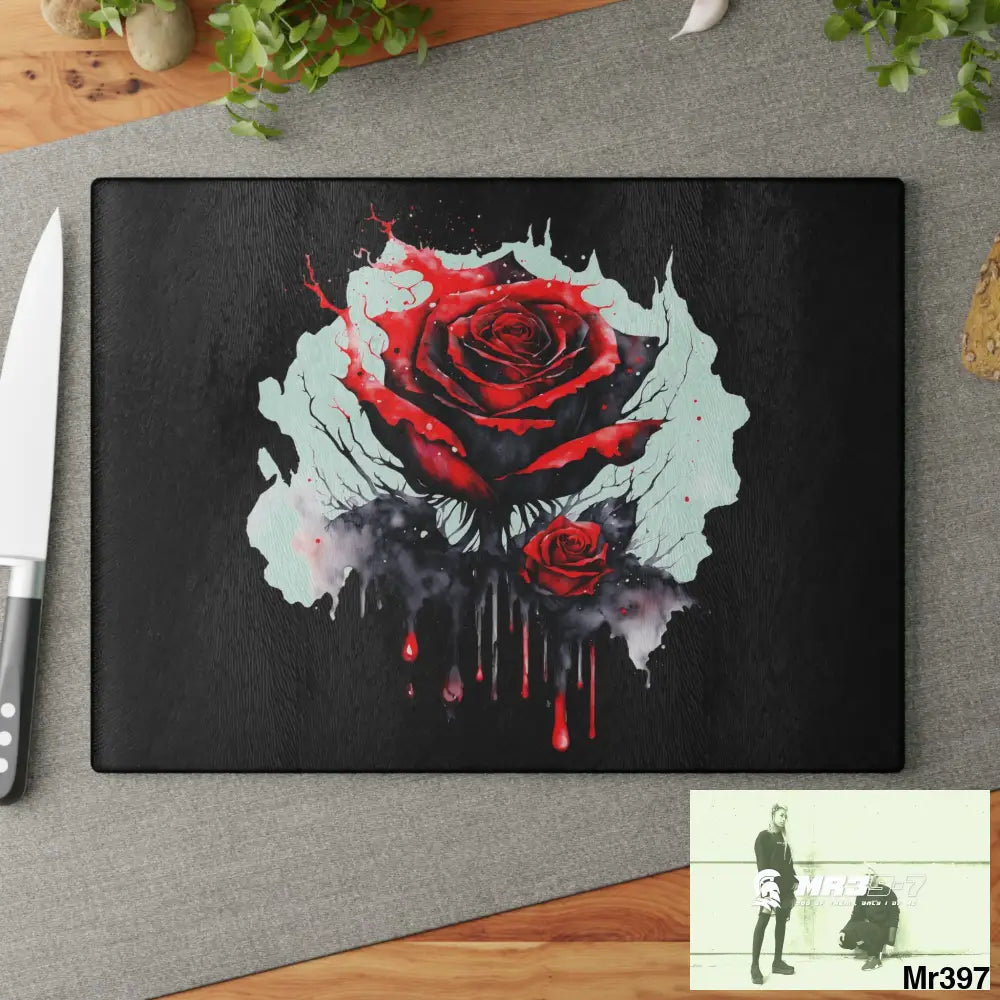 Red Rose with blood drippings on black abstract background Cutting Board Home Decor