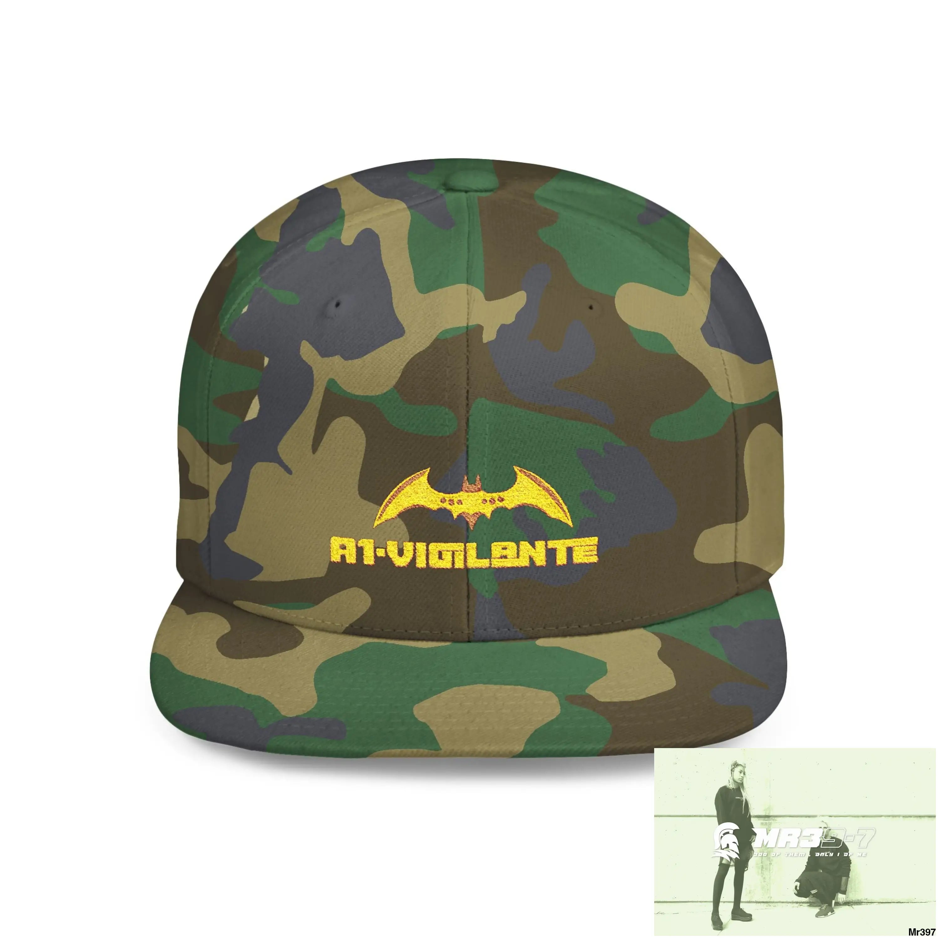 Snapback Hat — A1 Vigilante Retro Logo Flat-Bill Cap One size / Green Camo Hats