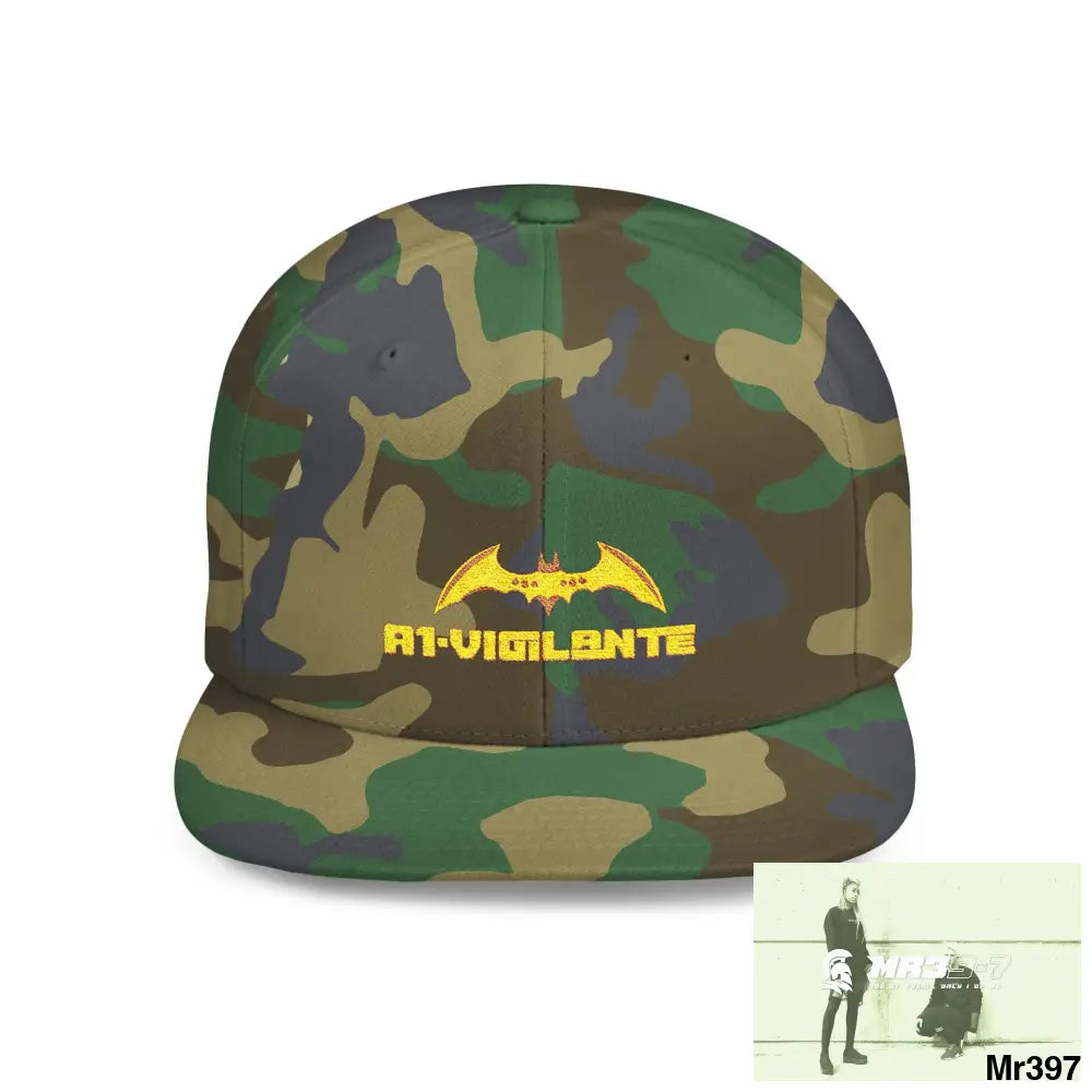 Snapback Hat — A1 Vigilante Retro Logo Flat-Bill Cap One size / Green Camo Hats