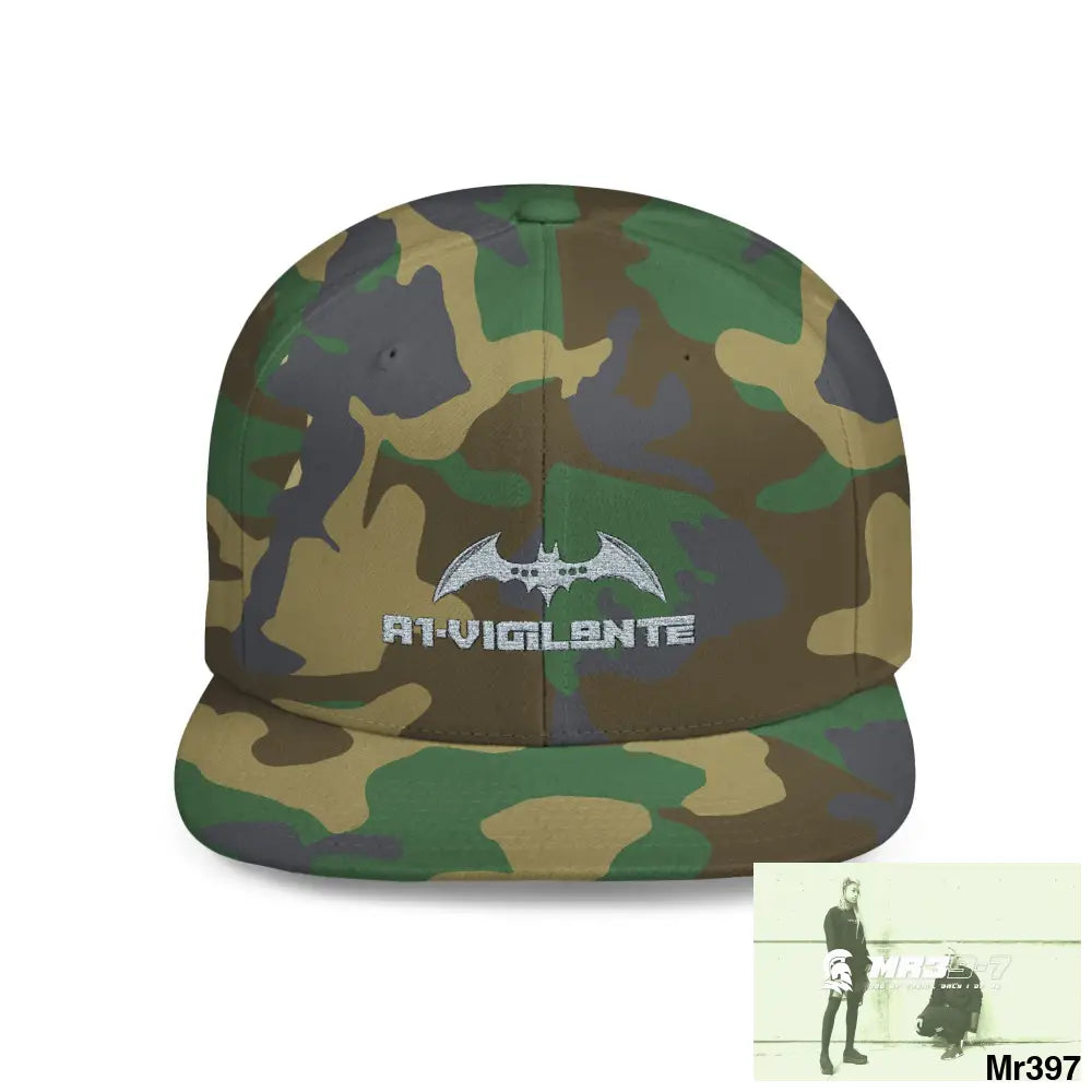 Snapback Hat — A1 Vigilante Retro Logo Flat-Bill Cap One size / Green Camo Hats