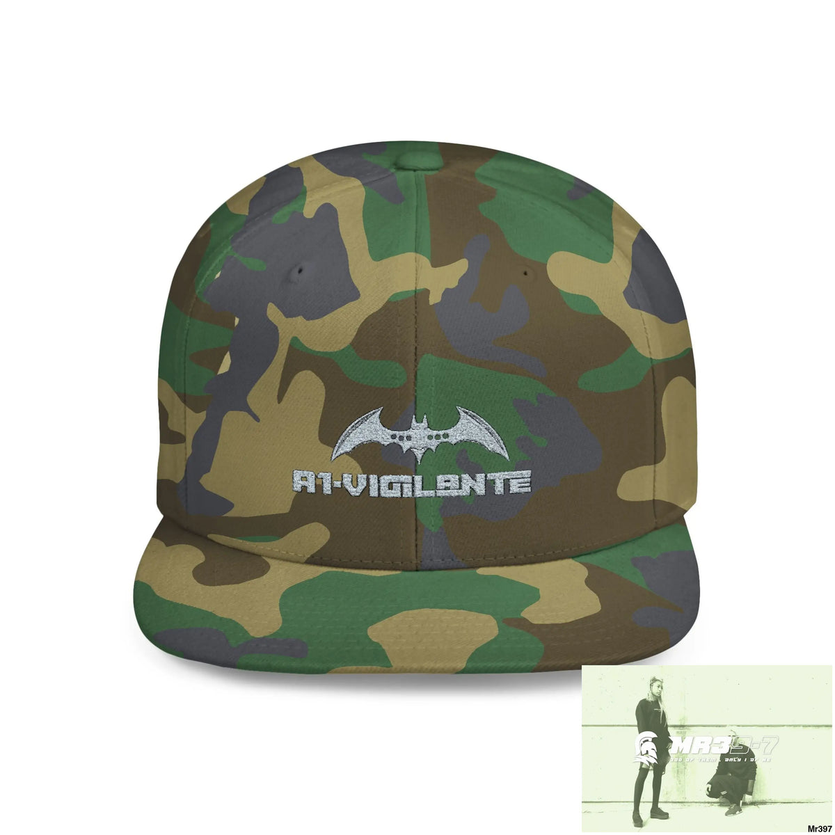 Snapback Hat — A1 Vigilante Retro Logo Flat-Bill Cap One size / Green Camo Hats