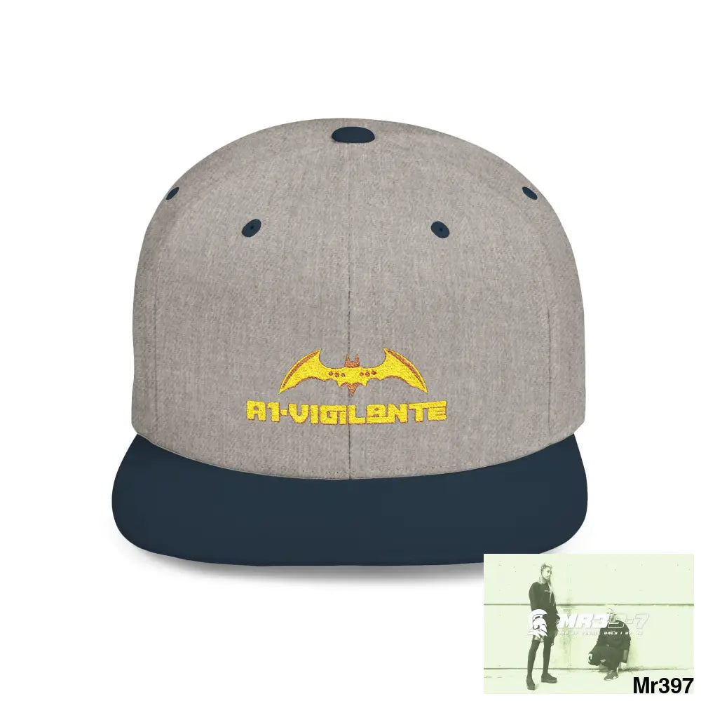 Snapback Hat — A1 Vigilante Retro Logo Flat-Bill Cap One size / Heather Grey/Navy Hats