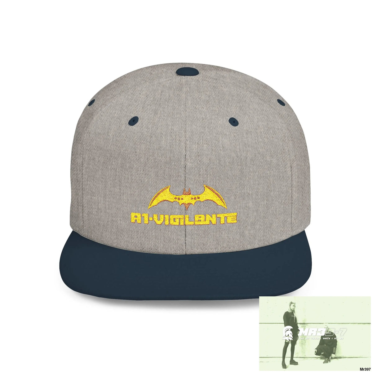 Snapback Hat — A1 Vigilante Retro Logo Flat-Bill Cap One size / Heather Grey/Navy Hats