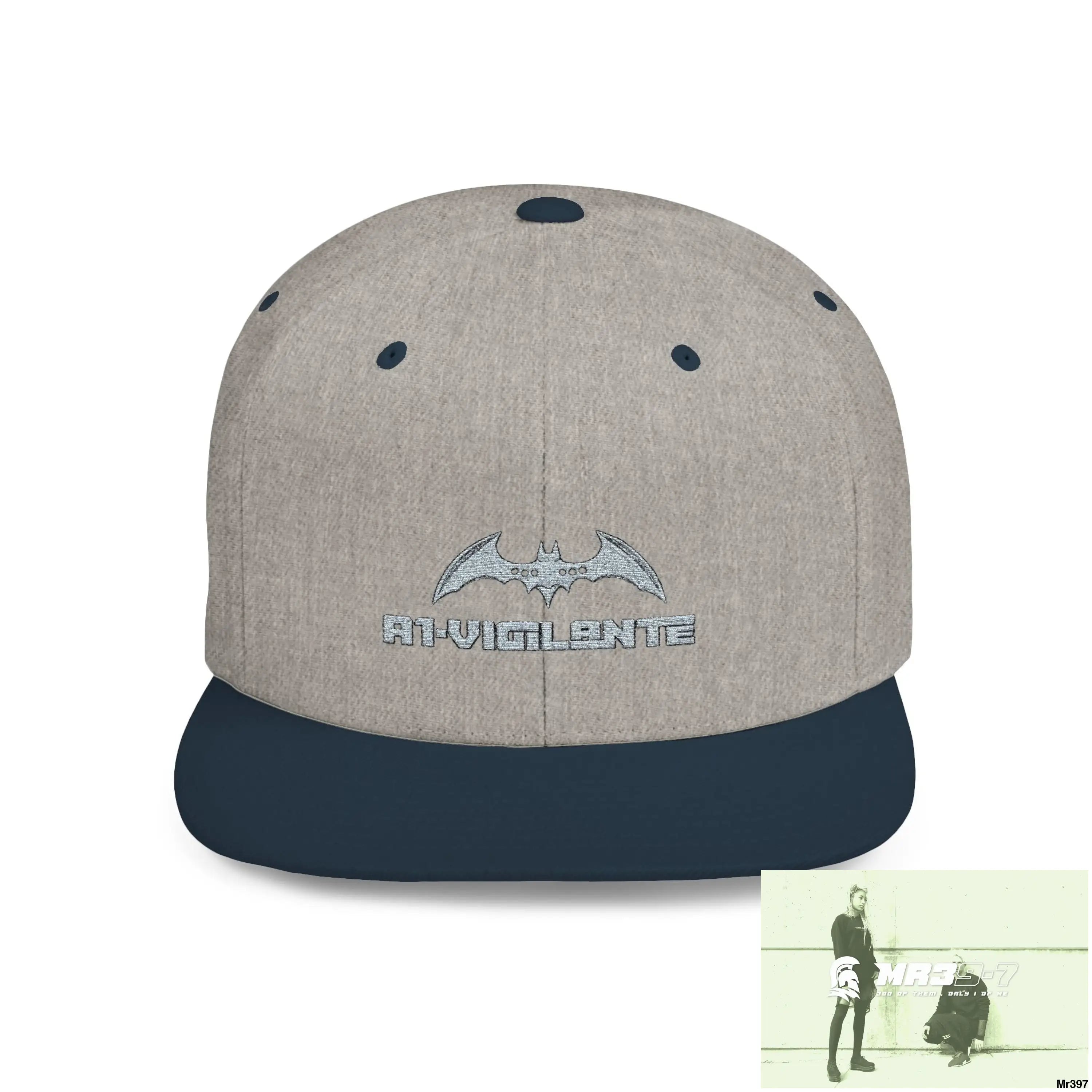 Snapback Hat — A1 Vigilante Retro Logo Flat-Bill Cap One size / Heather Grey/Navy Hats