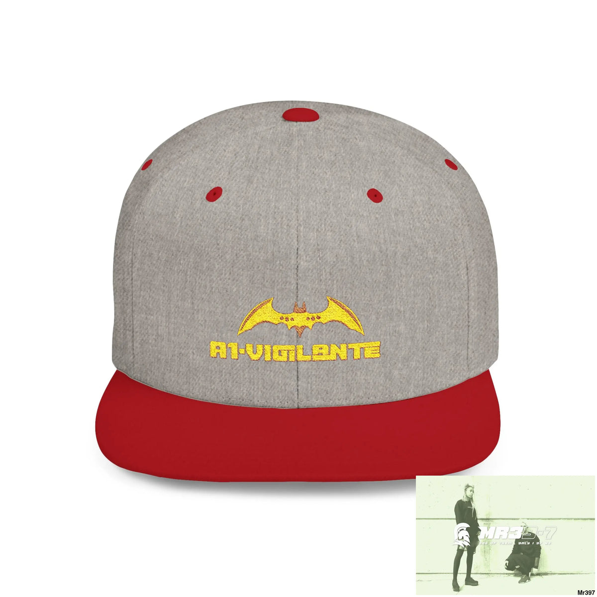 Snapback Hat — A1 Vigilante Retro Logo Flat-Bill Cap One size / Heather Grey/Red Hats