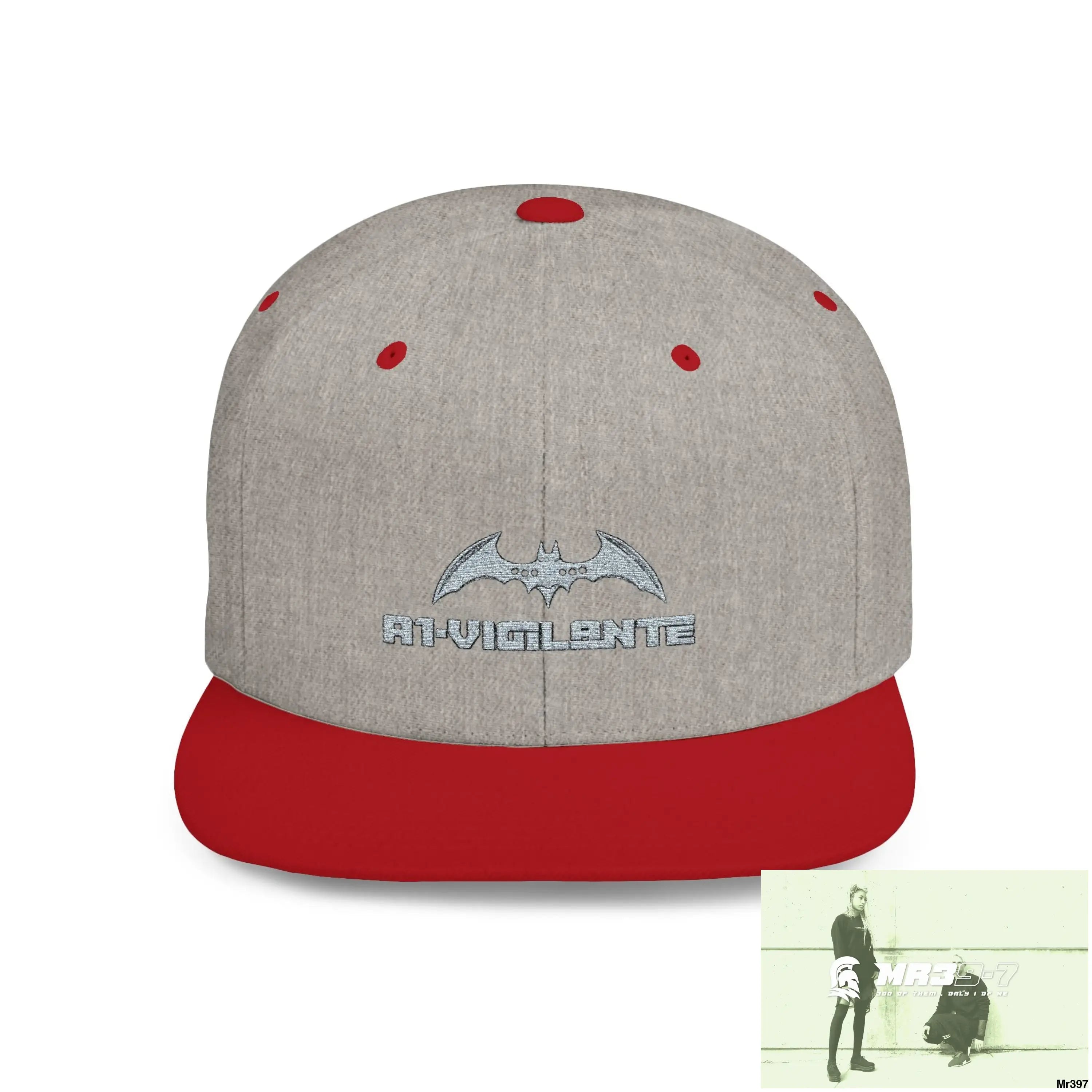 Snapback Hat — A1 Vigilante Retro Logo Flat-Bill Cap One size / Heather Grey/Red Hats