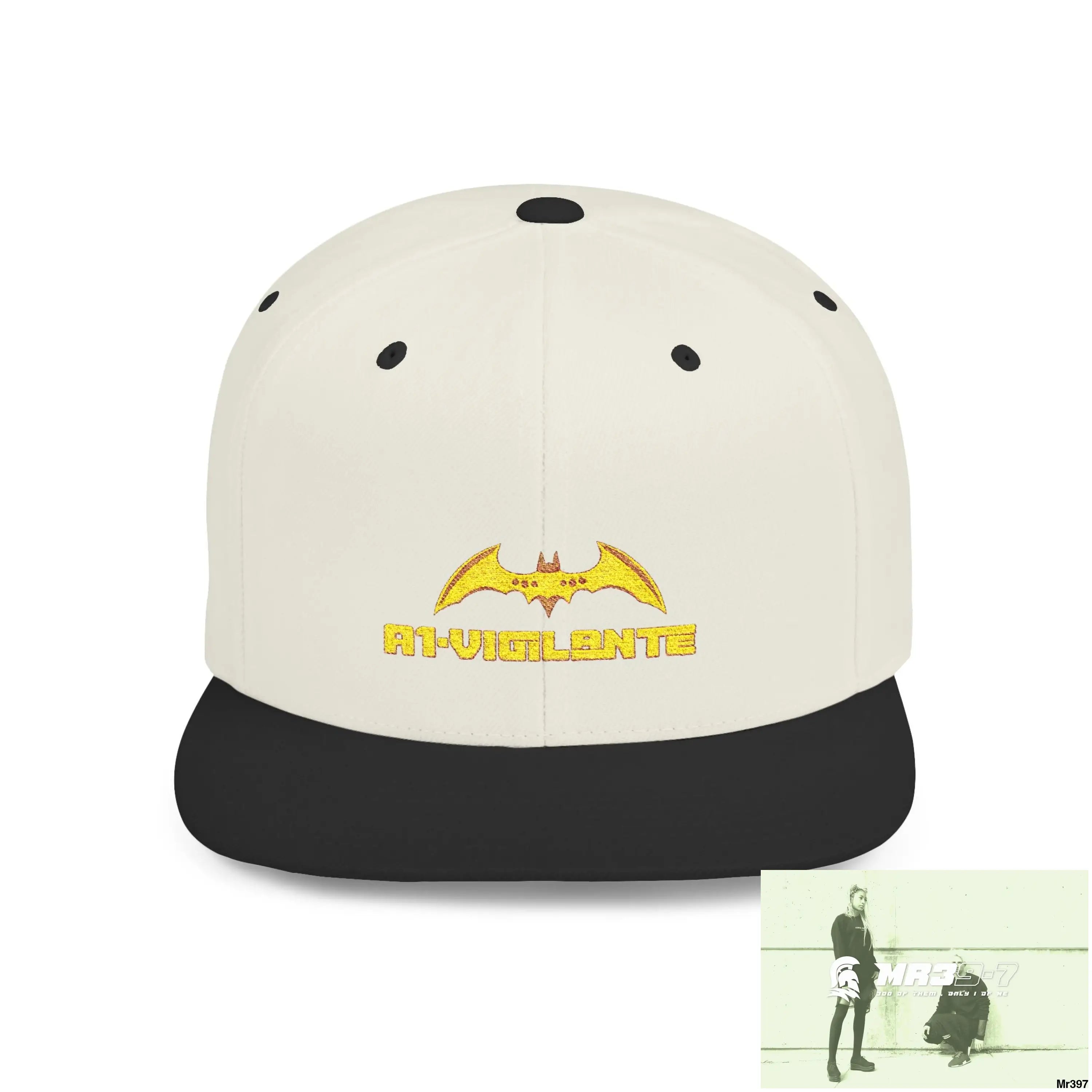 Snapback Hat — A1 Vigilante Retro Logo Flat-Bill Cap One size / Natural/Black Hats