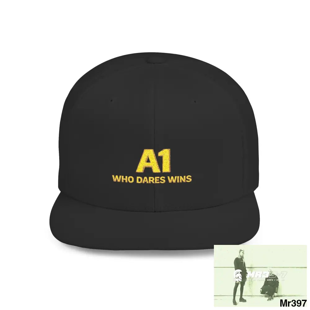 Snapback Hat — A1 Who Dares Wins Retro Logo Flat-Bill Cap One size / Black Hats