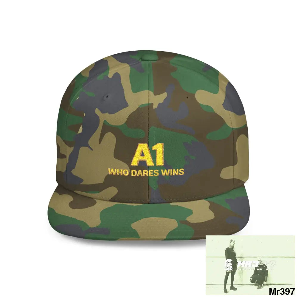 Snapback Hat — A1 Who Dares Wins Retro Logo Flat-Bill Cap One size / Green Camo Hats