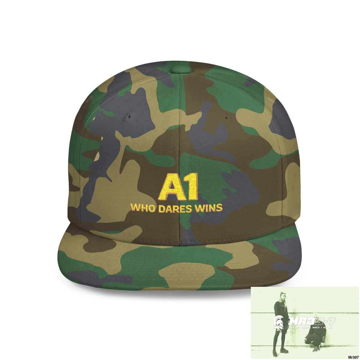 Snapback Hat — A1 Who Dares Wins Retro Logo Flat-Bill Cap One size / Green Camo Hats