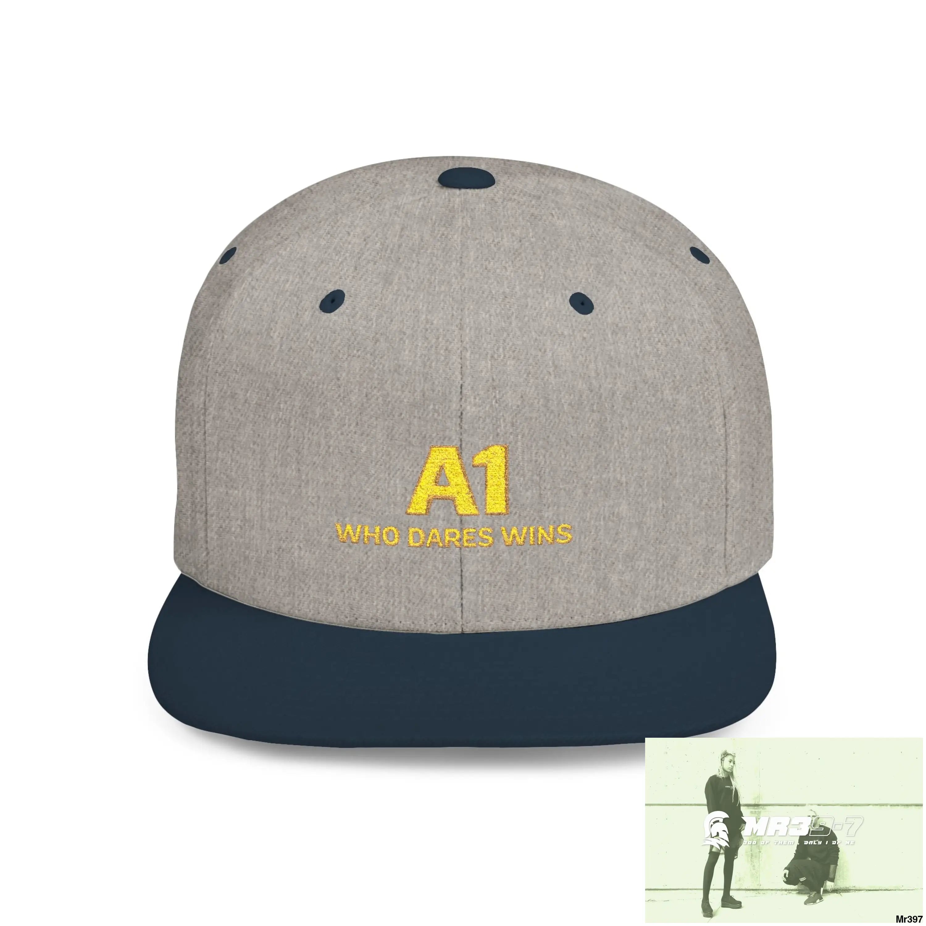 Snapback Hat — A1 Who Dares Wins Retro Logo Flat-Bill Cap One size / Heather Grey/Navy Hats