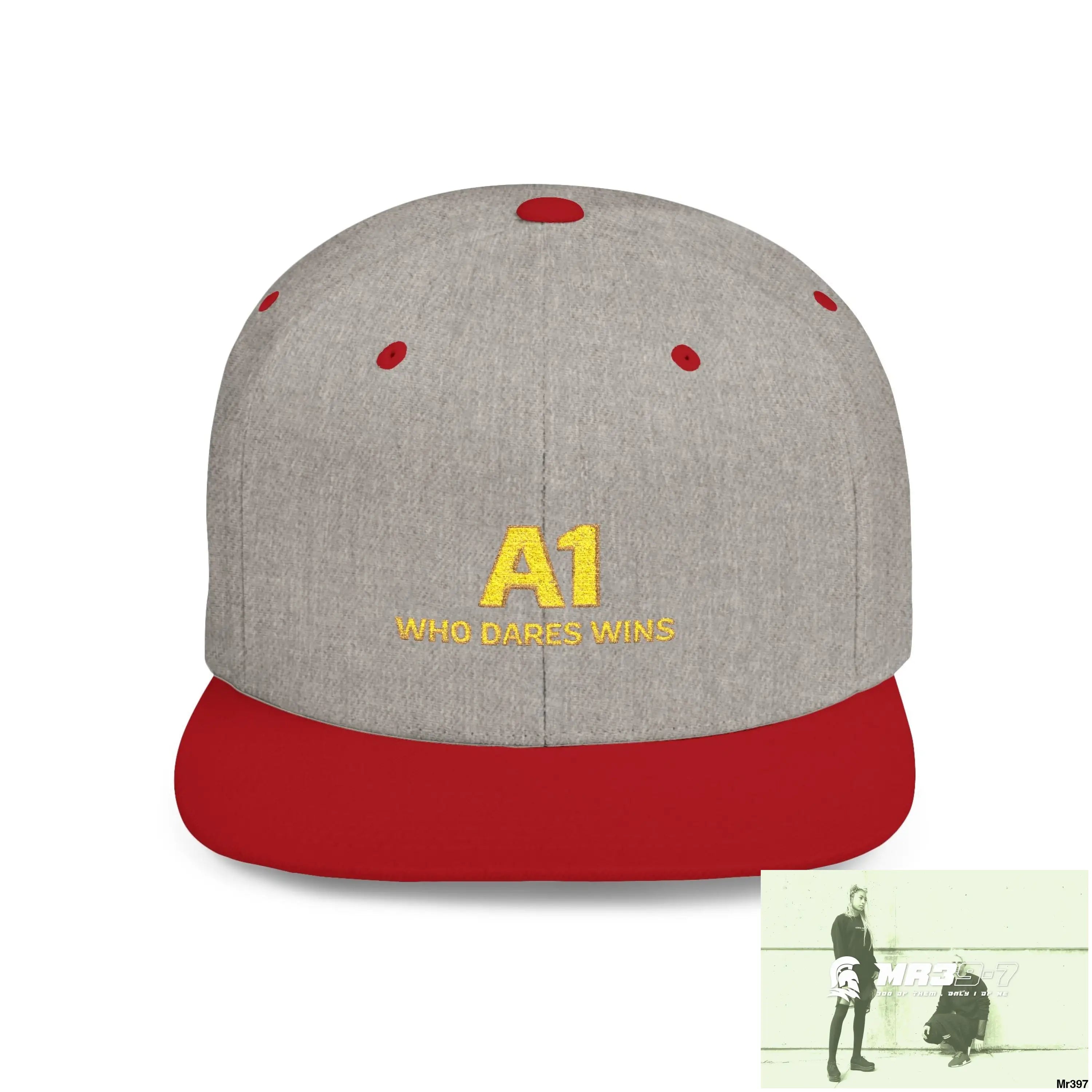 Snapback Hat — A1 Who Dares Wins Retro Logo Flat-Bill Cap One size / Heather Grey/Red Hats