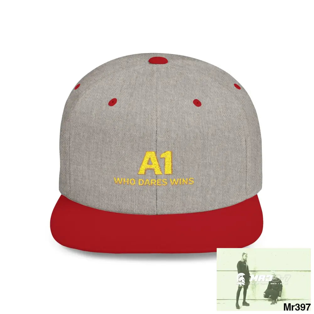 Snapback Hat — A1 Who Dares Wins Retro Logo Flat-Bill Cap One size / Heather Grey/Red Hats