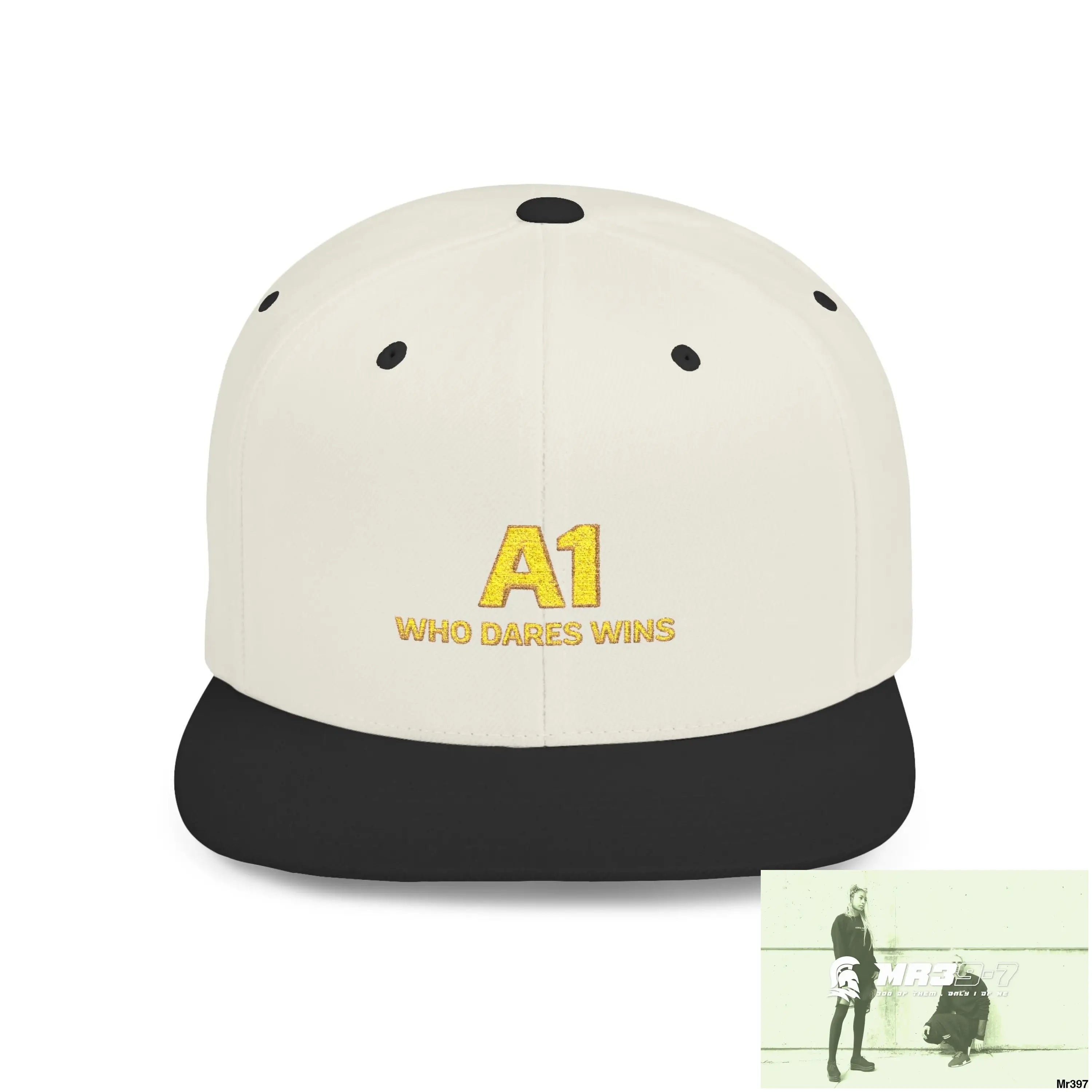 Snapback Hat — A1 Who Dares Wins Retro Logo Flat-Bill Cap One size / Natural/Black Hats