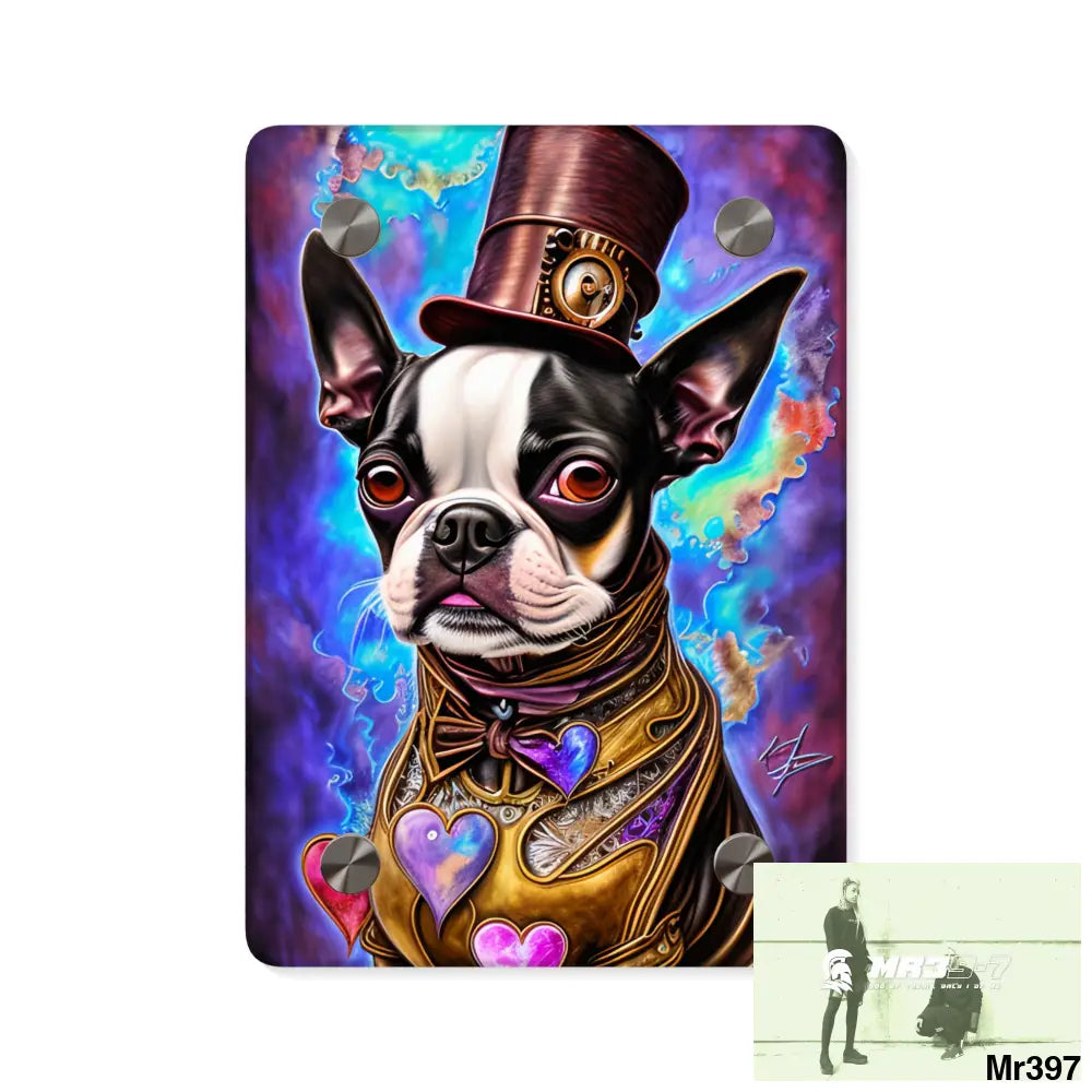 Steampunk Boston Terrier Hearts Tribal Fractal Watercolor Digital Painting Acrylic Wall Art Panels 5’’ x 7’’ (Vertical)