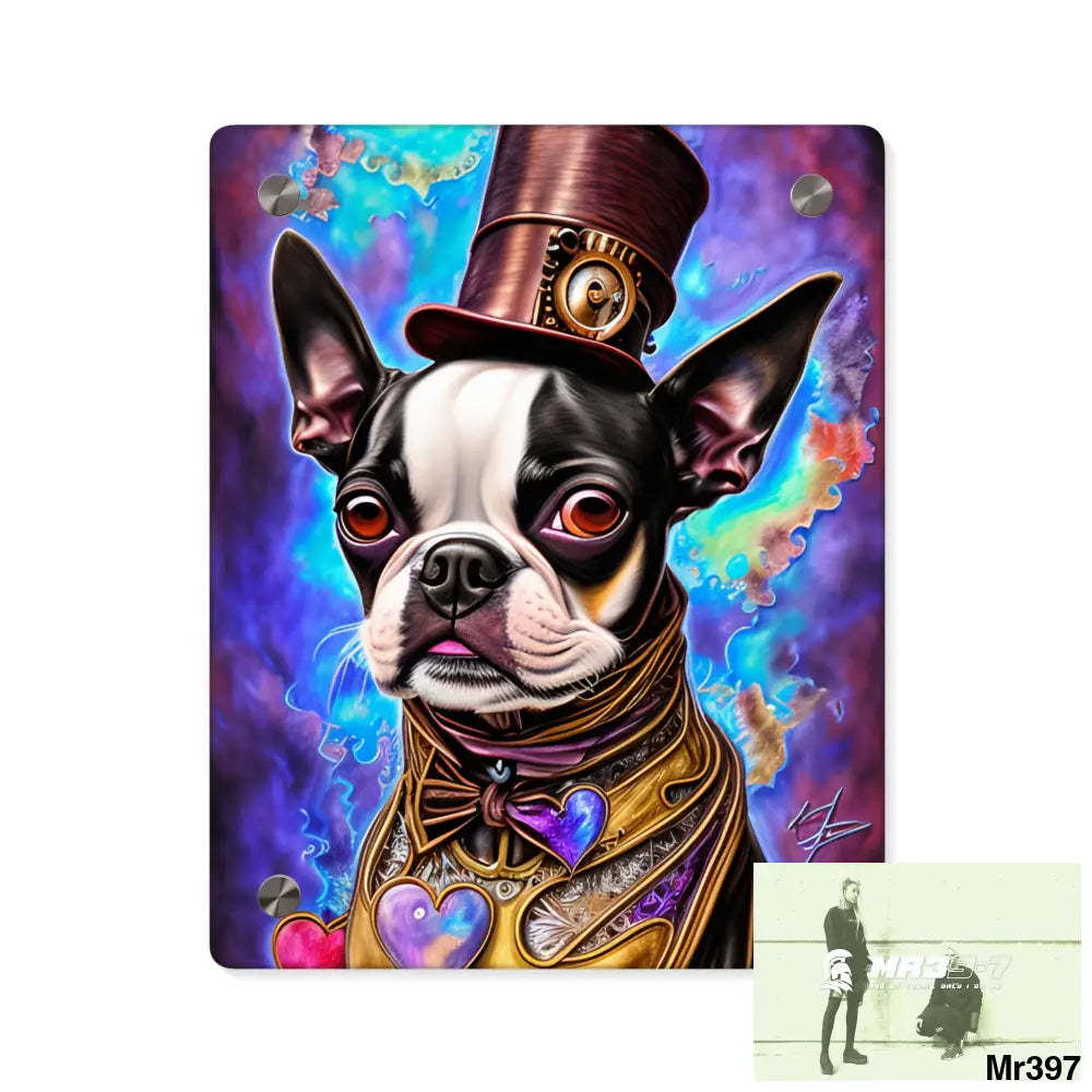 Steampunk Boston Terrier Hearts Tribal Fractal Watercolor Digital Painting Acrylic Wall Art Panels 8″ x 10″ (Vertical)