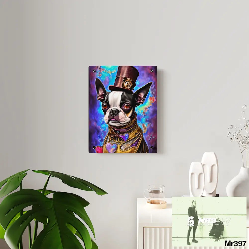 Steampunk Boston Terrier Hearts Tribal Fractal Watercolor Digital Painting Acrylic Wall Art Panels Home Decor