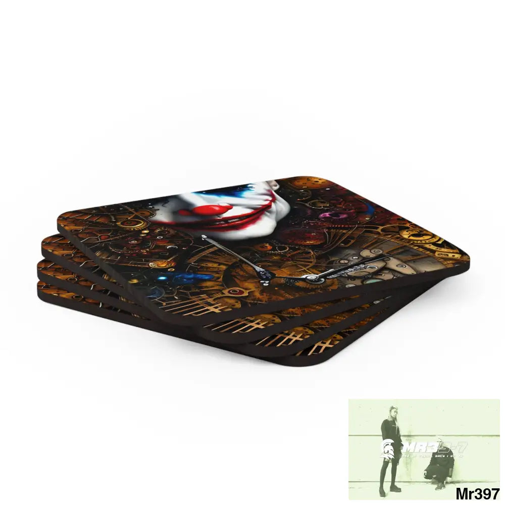 Steampunk Joker Corkwood Coaster Set Cork / 3.75’’ × 3.75’’ / Square Home Decor