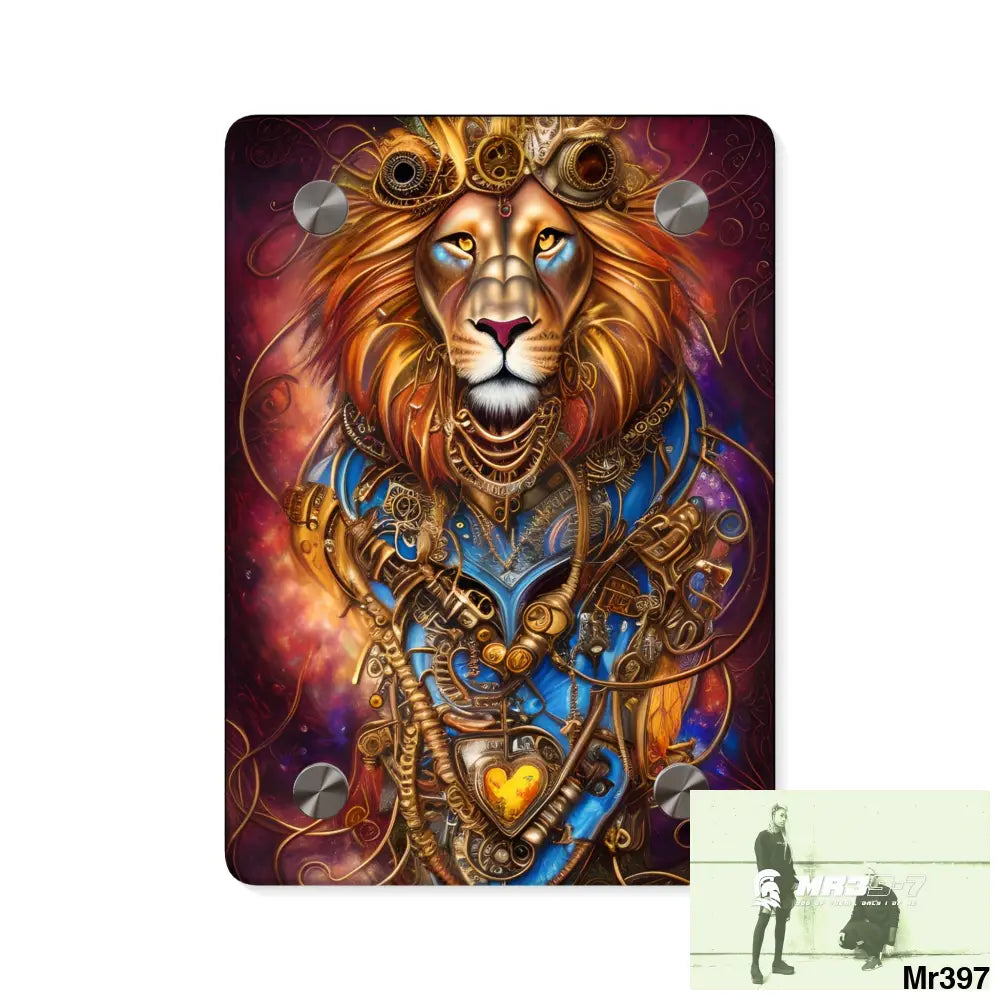 Steampunk Lion Hearts Tribal Fractal Water color Digital Painting Hyper Acrylic Wall Art Panels 5’’ x 7’’ (Vertical)