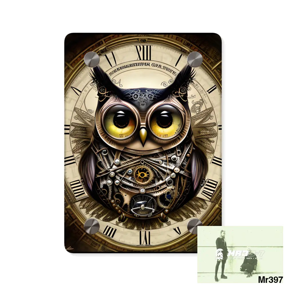 Steampunk Owl Hyper Detailed Ultra Resolution Central Portrait Wall Art Panels 5’’ x 7’’ (Vertical) / 0.25’’ Home Decor