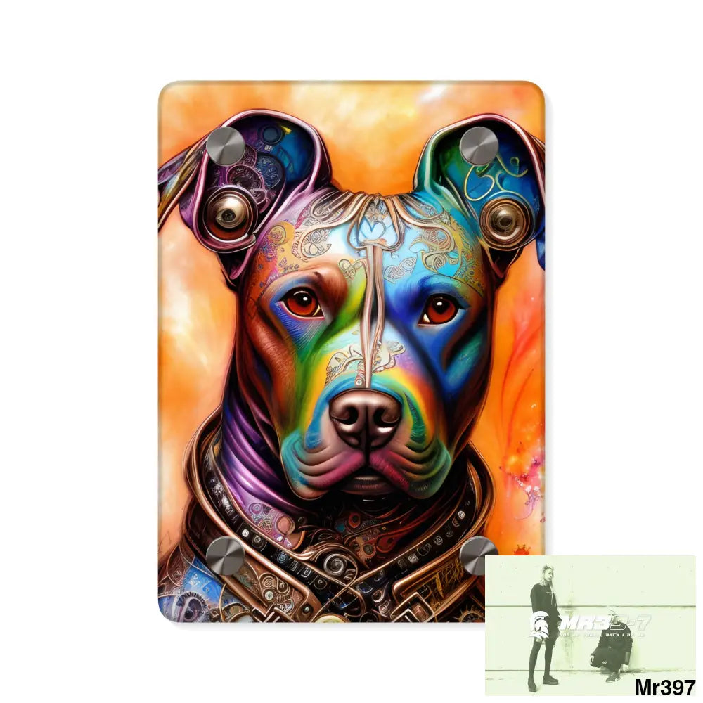 Steampunk Pitbull Hearts Tribal Fractal Watercolor Digital Painting Acrylic Wall Art Panels 5’’ x 7’’ (Vertical)
