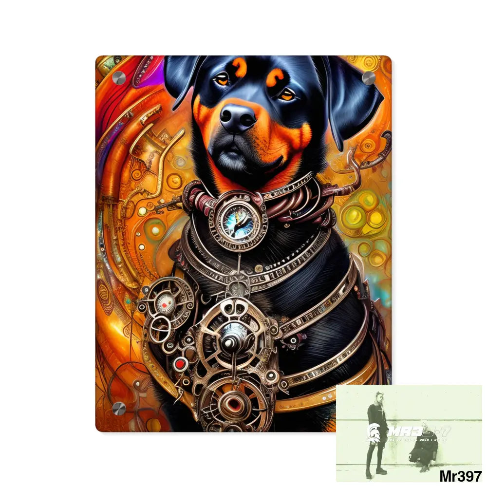 Steampunk Rottweiler Hearts Tribal Fractal Water color Digital Painting Acrylic Wall Art Panels 11″ x 14″ (Vertical)